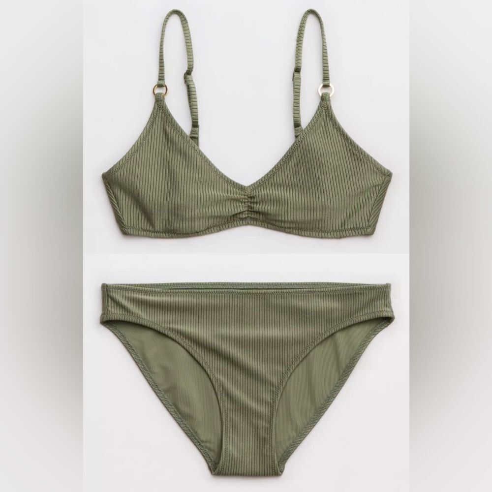 NWT Aerie FULL SET Beach Babe Shine Rib Voop + Full Coverage Bottom in Olive 🫒
